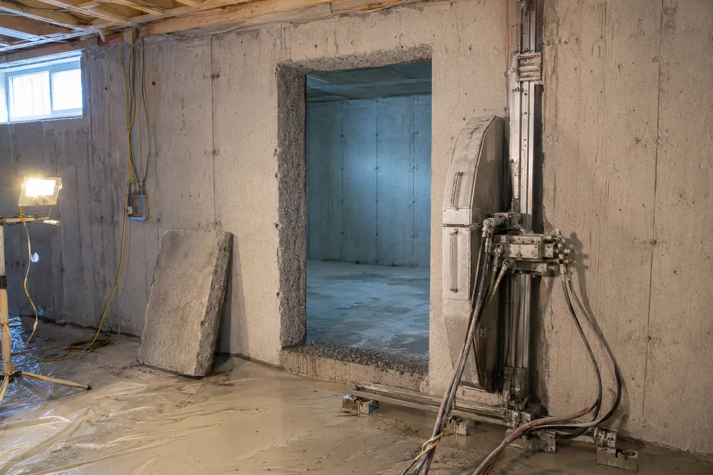 Track wall saw staged beside a crisp newly cut doorway opening in an unfinished poured-concrete Edmonton basement