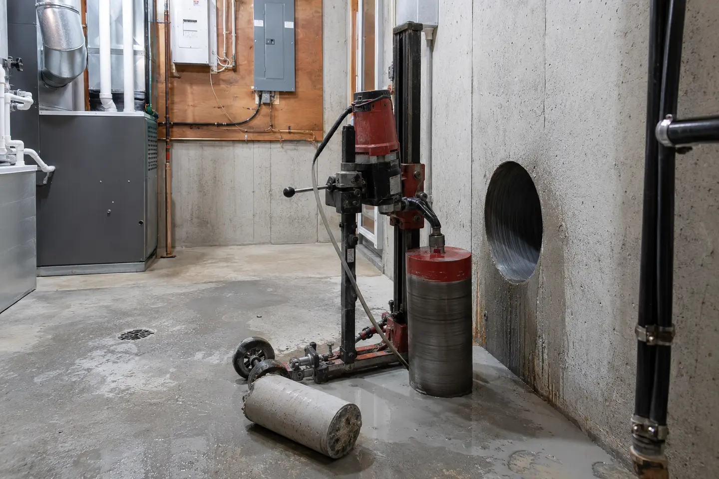 Inactive core drill rig and extracted concrete core beside a clean utility penetration in a residential mechanical room