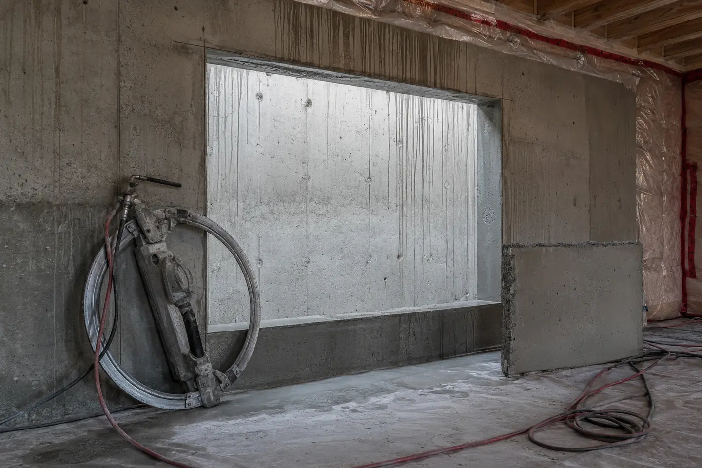Diamond ring saw and water-control hoses staged beside a newly cut basement egress-window opening