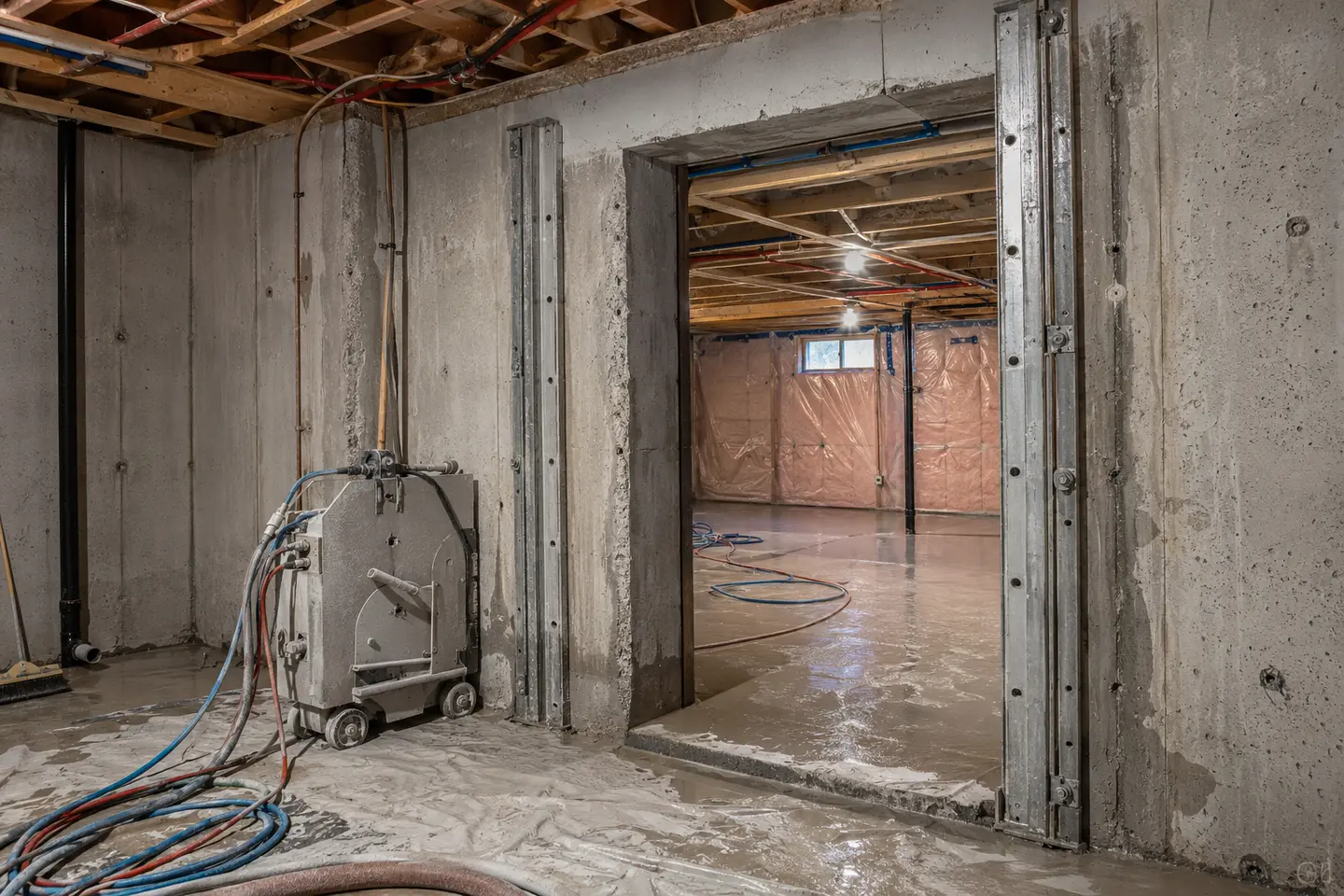 Fresh full-height basement doorway opening with wall-saw rails and cutting equipment staged on a protected concrete floor