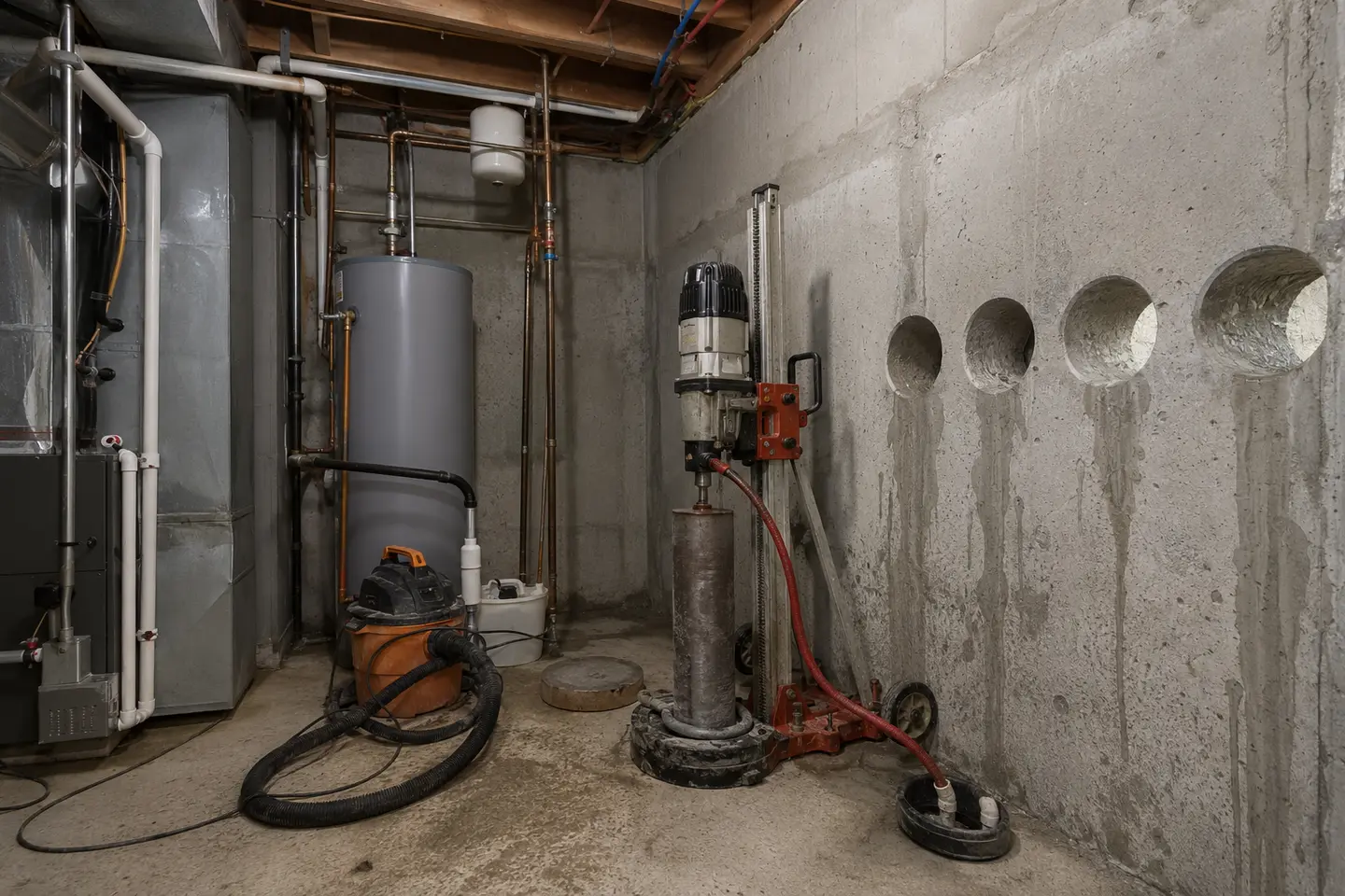 Multiple circular utility penetrations with a core-drill stand inside an Edmonton home mechanical room