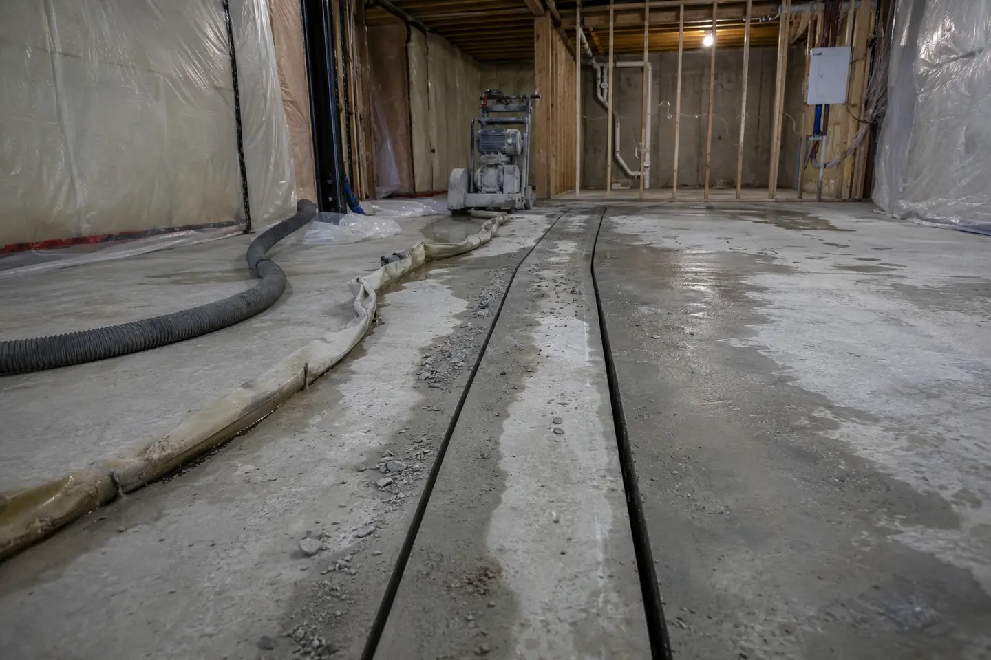 Straight parallel service-trench cuts across the concrete floor of an unfinished residential basement renovation