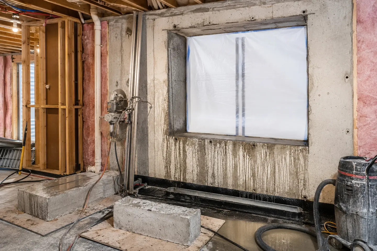 Enlarged basement window opening with wall-saw rails slurry control and water-recovery equipment