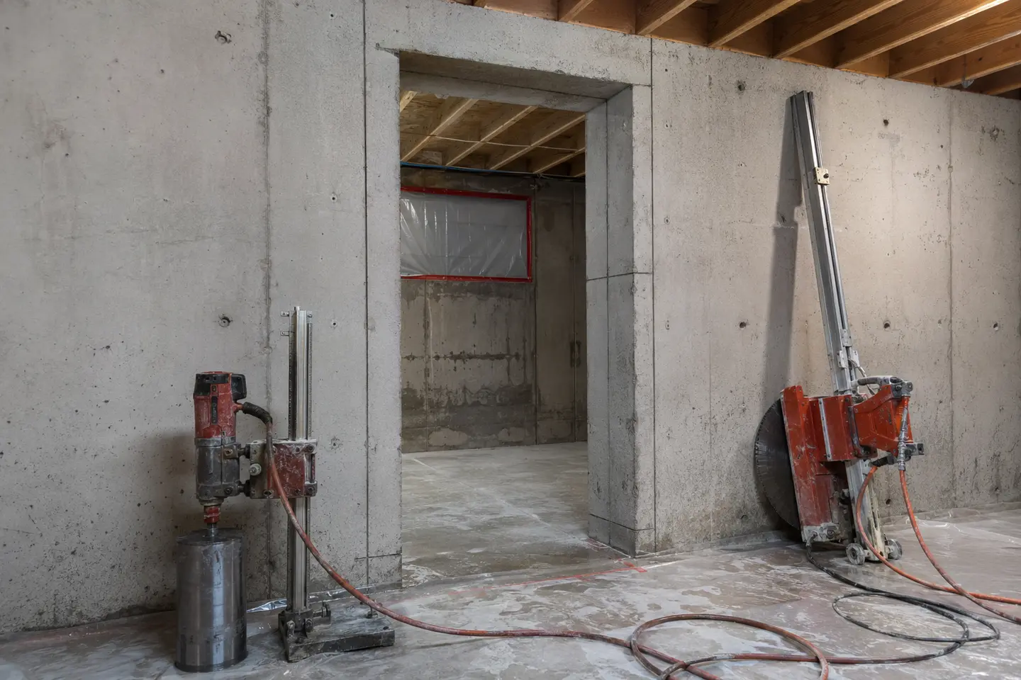Basement doorway opening with corner drill and rail-mounted wall saw staged on a dust-protected floor
