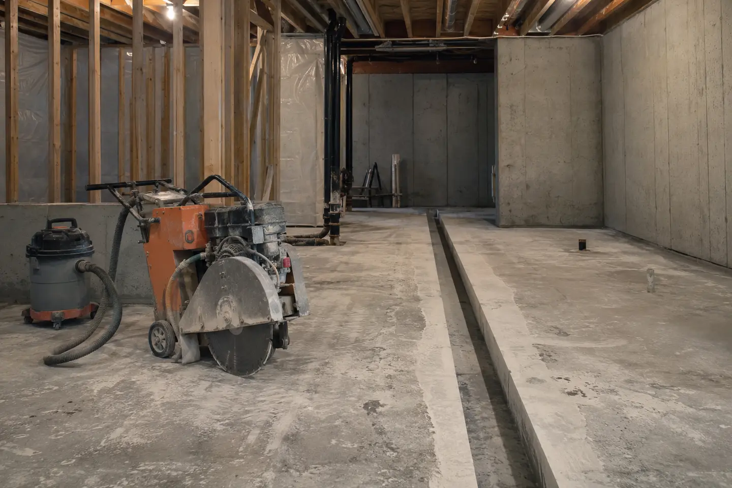 Walk-behind floor saw and dust extractor parked beside a newly cut service trench in a residential basement slab