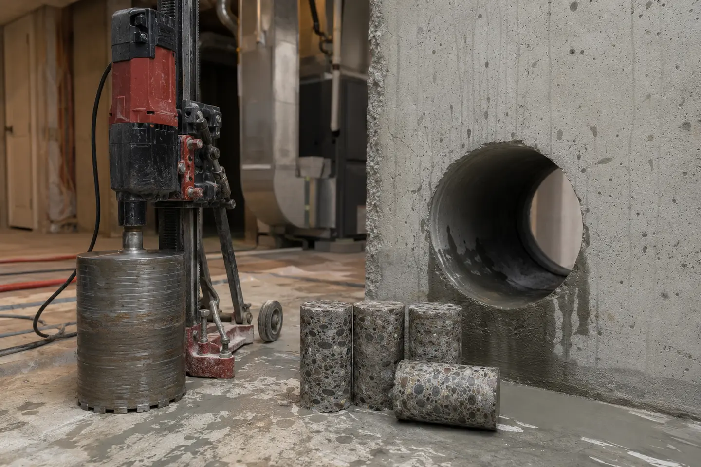 Core-drilling setup with a clean round wall opening wet slurry and recovered aggregate cores in a home mechanical room