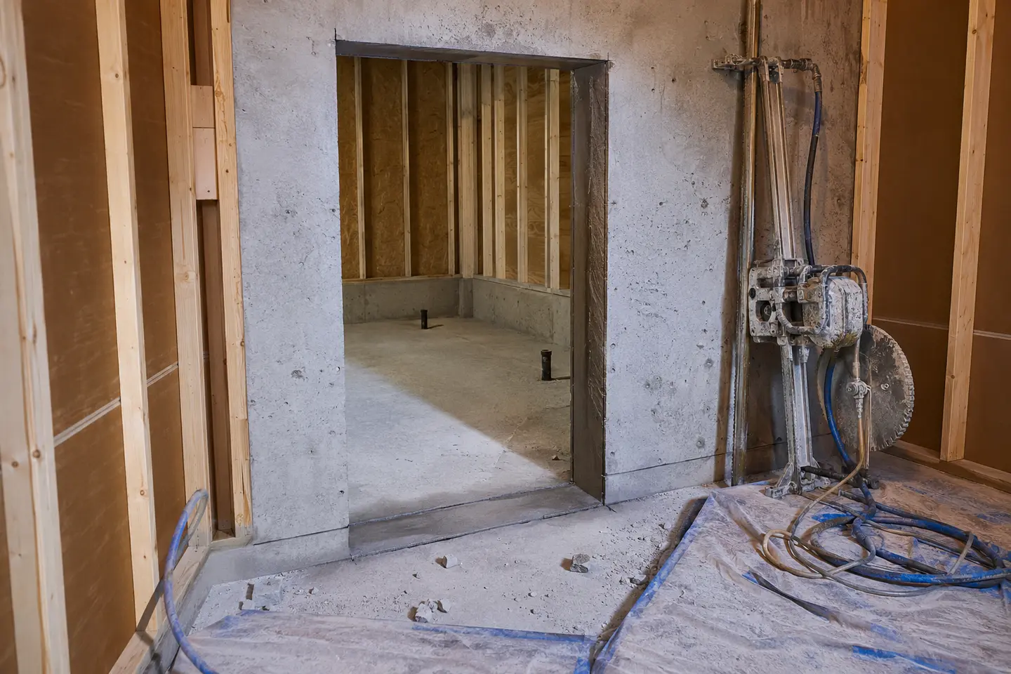 Framed basement renovation room with a precise new concrete doorway opening and inactive rail-saw equipment