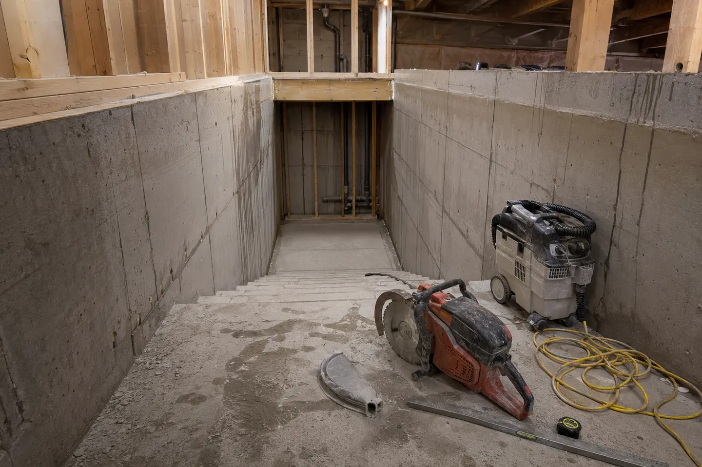 Newly cut indoor concrete stair run with staged handheld saw dust extractor cords level and measuring tape